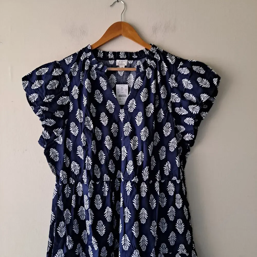 NWT J. Crew Factory Willa Dress Leaf Print Puff Sleeve Tiered Midi Navy Size 18 - Picture 6 of 13